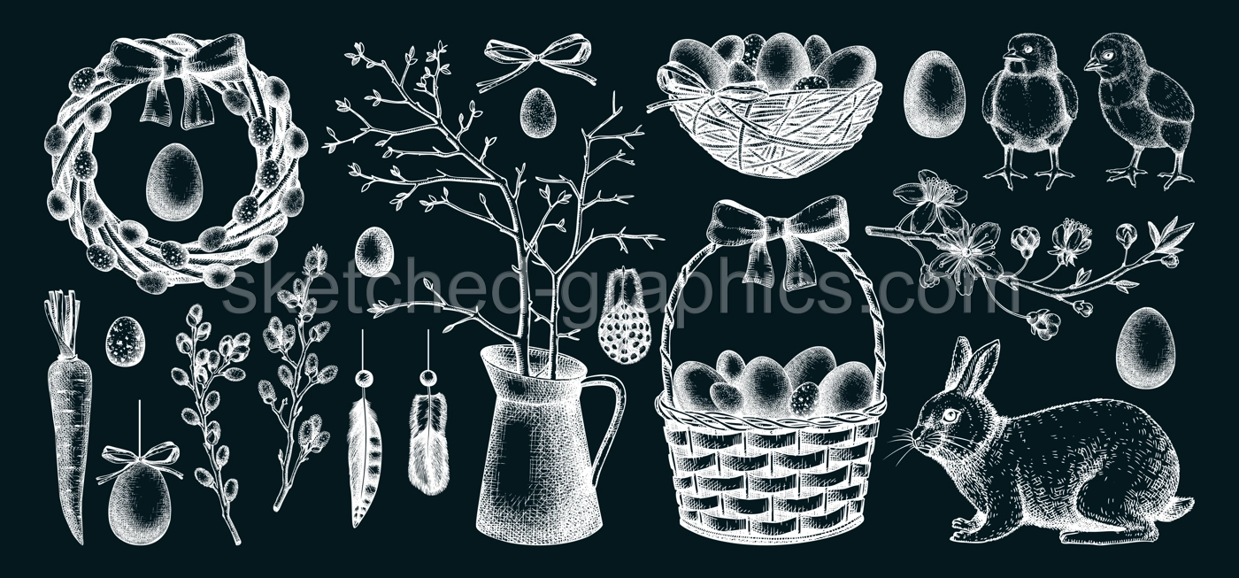 Collection of cute Easter characters and spring decor elements. Hand drawn bunnies, eggs, chickens, flowers and flowering trees isolated on white background. Vector holiday sketches on chalkboard Illustration